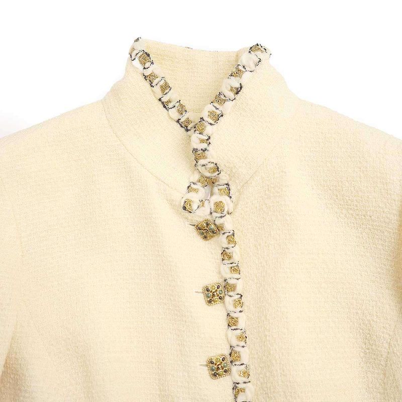 Chanel Coco Mark Button Fringe Stand Collar Tweed Jacket P41436v28444 Ivory 44