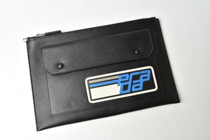 Prada Clutch Bag Travel Pouch Men's Prada Saffiano Patch Patchwork Black Azzurro