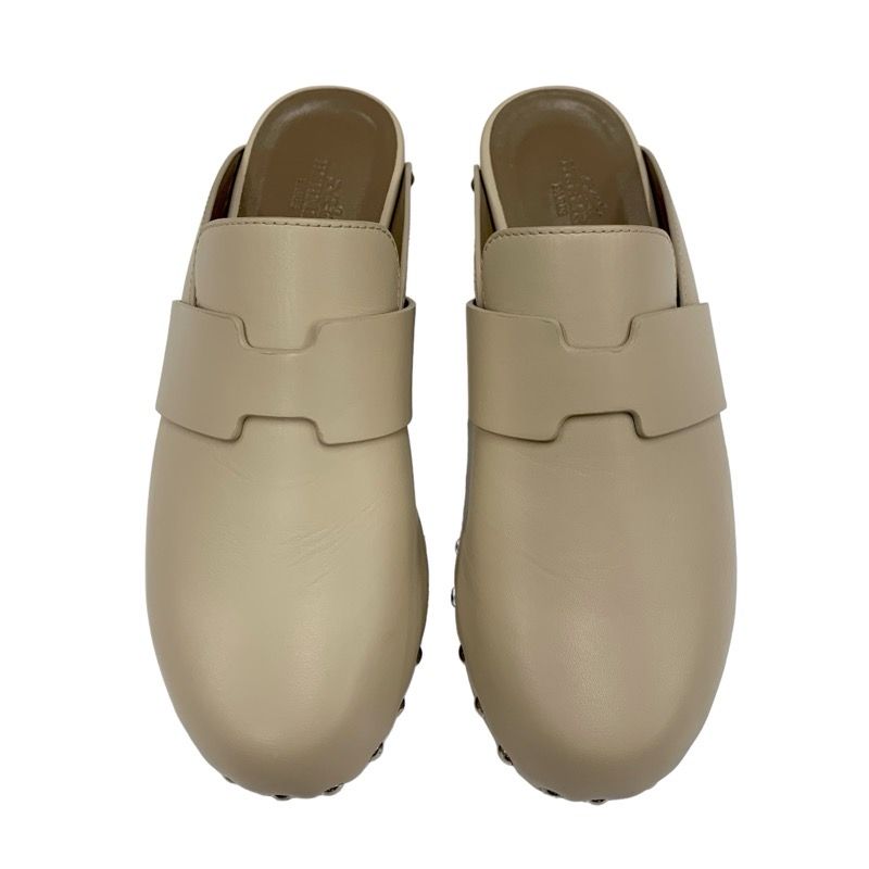 Hermes Karya Sandals Shoes Leather Wood Beige Studded Mules Sabot