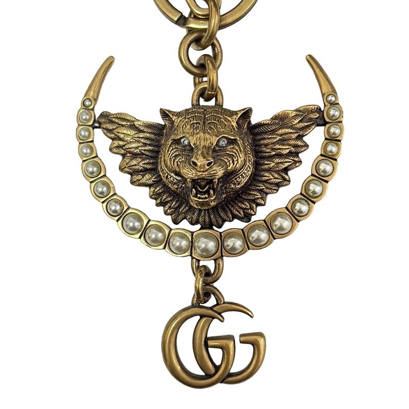 Gucci Key Holder (charm ) - Gold Ivory Clear Taiga - Head Double G Rhinestone