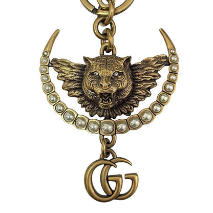 Gucci Key Holder (charm ) - Gold Ivory Clear Taiga - Head Double G Rhinestone