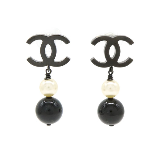 Chanel Coco Pearl Earrings Swing Earrings Metal Faux Pearl Black Black B14 B
