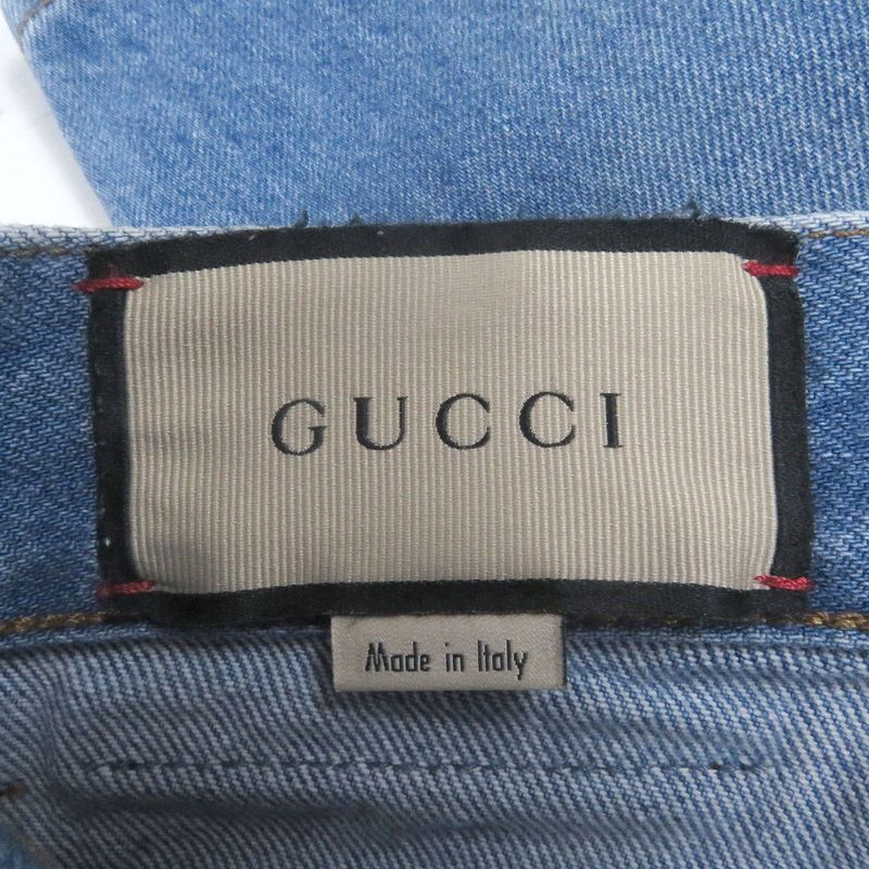 Gucci 408637 Leather Logo Patch Button Fly Denim Pants Jeans Indigo Blue 33