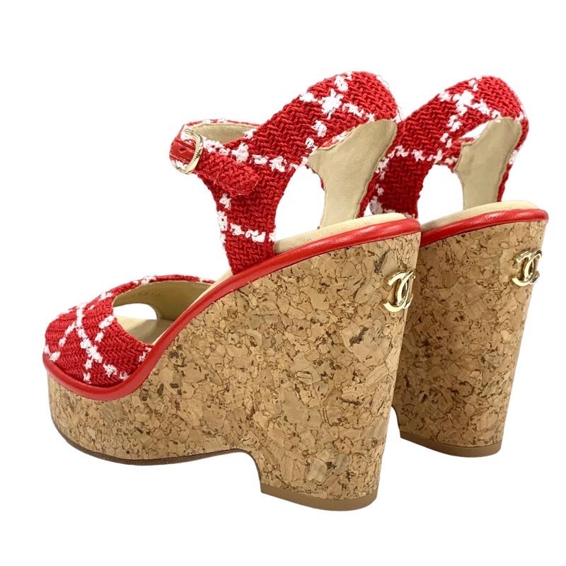 Chanel Sandals Shoes Tweed Cork Red White Unused Here Mark