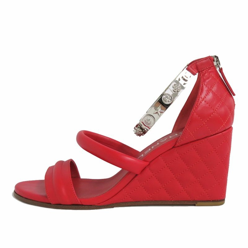 Chanel Sandals Wedge Sole Quilted Metal Strap 36 Half