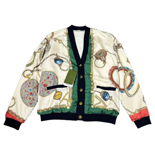 Gucci 23 AW All-Over Silk Scarf Reversible Piping Knit Cardigan