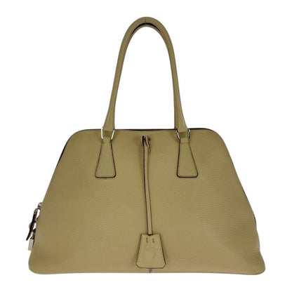 Prada Saffiano Triangle Logo Plate Beige Silver Hardware Leather Handbag