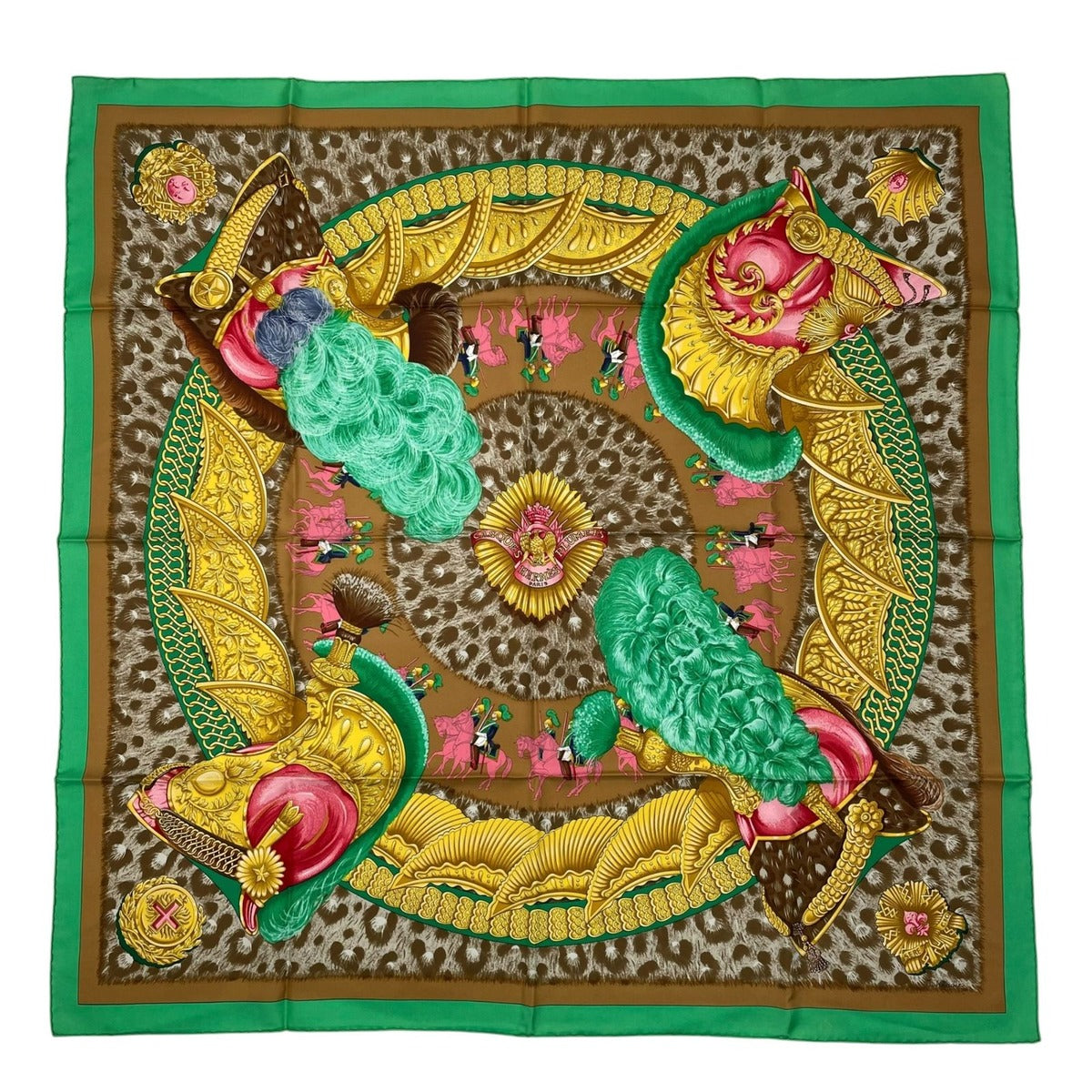 Hermes Carre 90 Casques Et Plumets Faceless Helmet Green Scarf 100% Silk