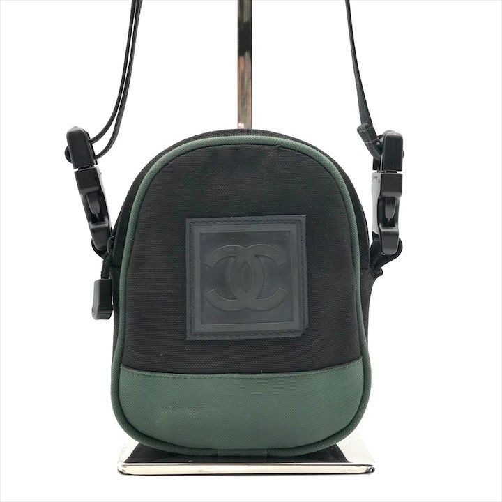 Chanel CC Logo Sports Line Shoulder Bag 2-Way Nylon Canvas Black Green