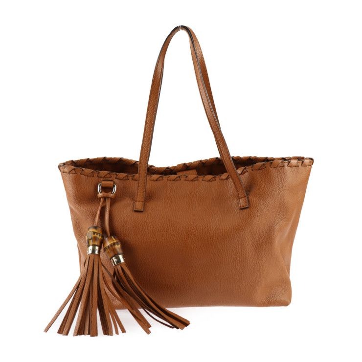 Gucci Tote Bag Leather Brownish Gold Hardware Bamboo Shoulder Tassel
