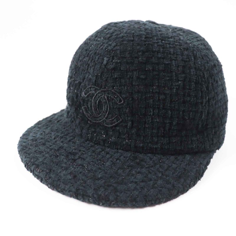 CHANEL 22B Aa8562 Coco Mark Fantasy Tweed Cap Hat Black Lame M With Box Made