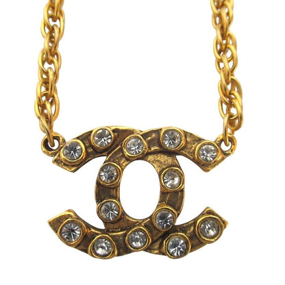 Chanel CC Logo Line Stone Chain Necklace Gold Plated