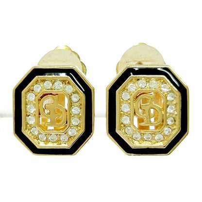 Christian Dior GP Rhinestone CD Logo Earrings Women's Gold Black 343556 Earrings