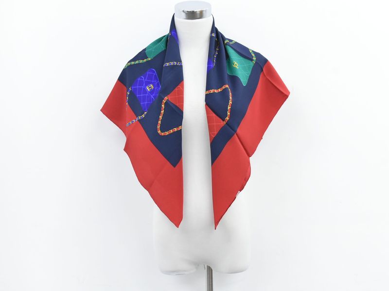 Authentic Chanel Bag Motif Scarf Shawl Bandana Silk Red Navy Multicolor