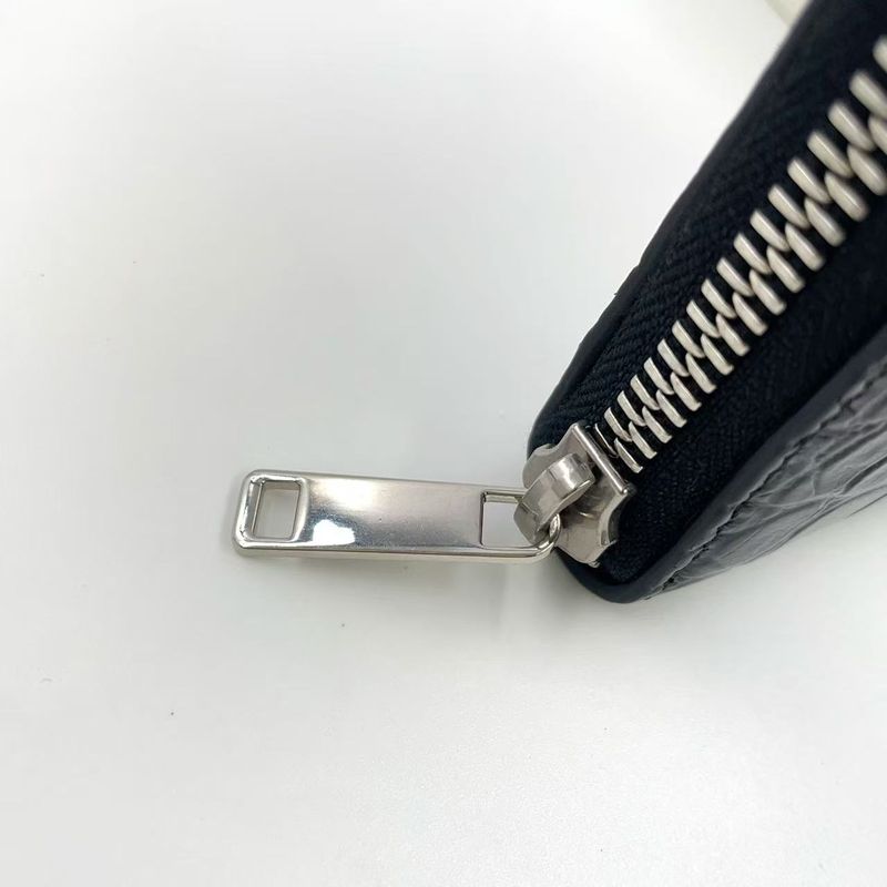 Celine Logo Leather Round Zip Leather Black Wallet Silver