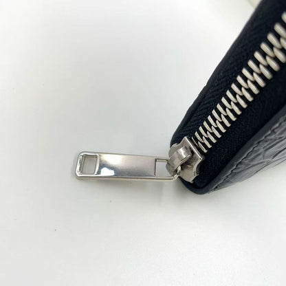 Celine Logo Leather Round Zip Leather Black Wallet Silver