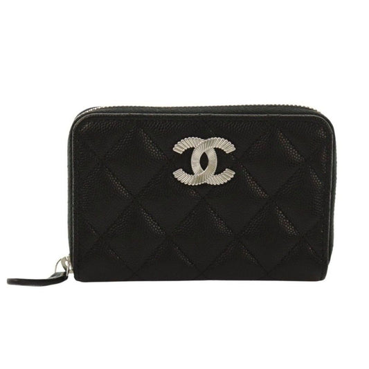 Chanel CC Logo Small Zip Wallet Gray Calfskin Caviar Quilted Black