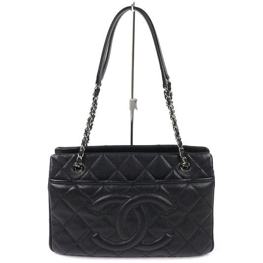Chanel Caviar Leather CC Logo Quilted Chain Tote Black with Silver Large