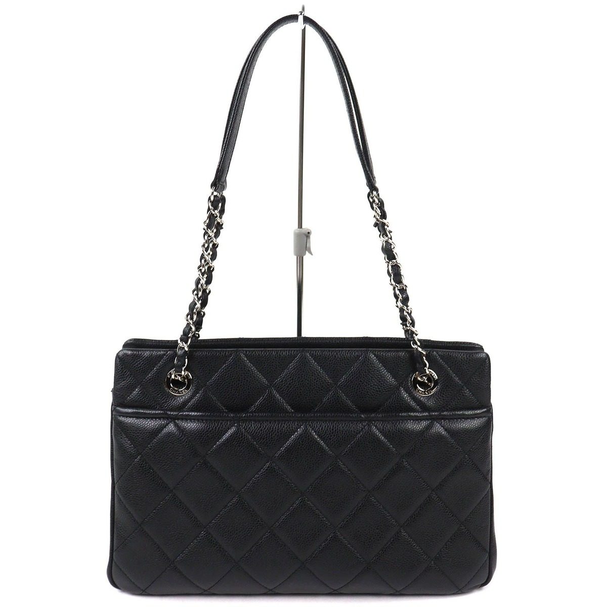 Chanel Caviar Leather CC Logo Quilted Chain Tote Black with Silver Large — view 3