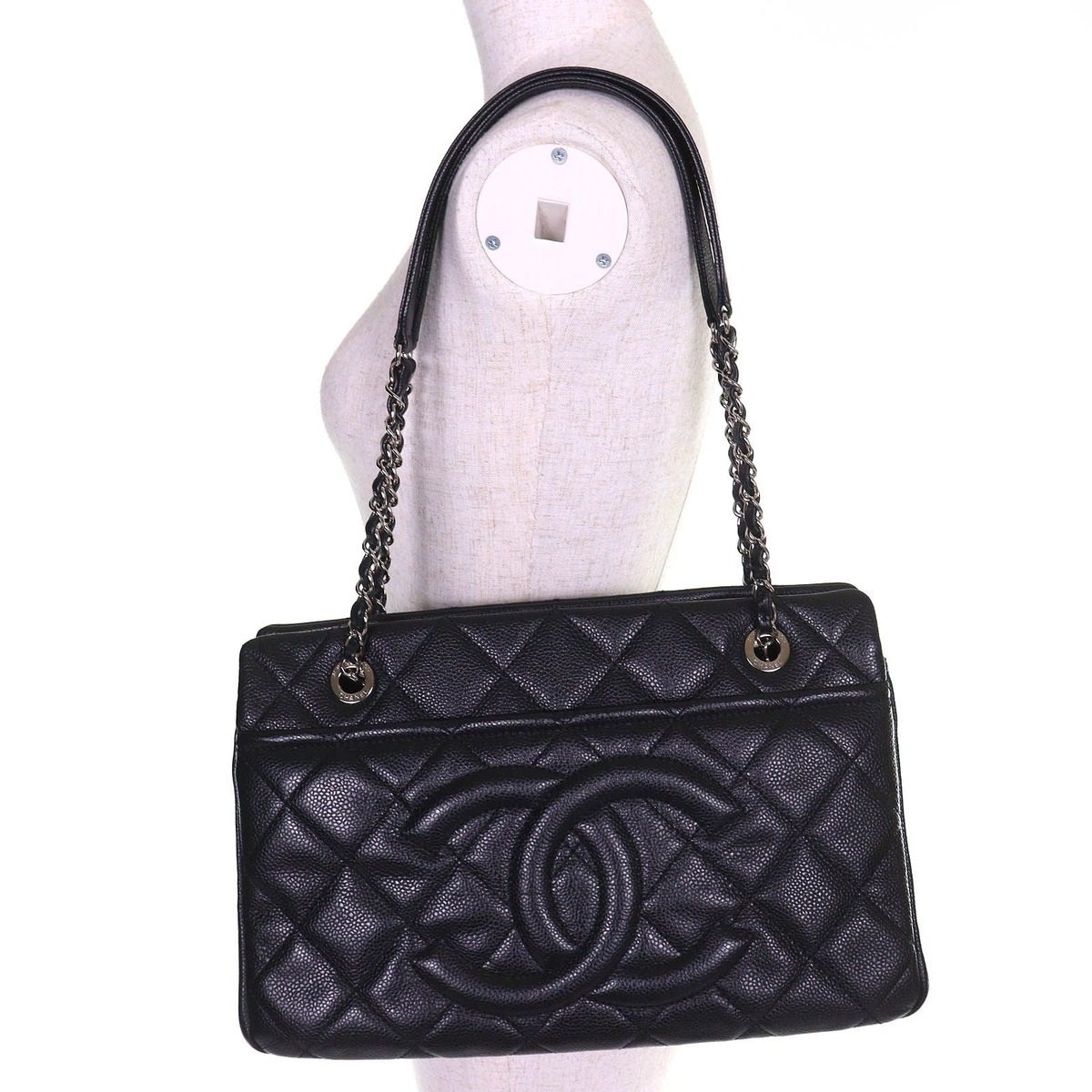 Chanel Caviar Leather CC Logo Quilted Chain Tote Black with Silver Large — view 9