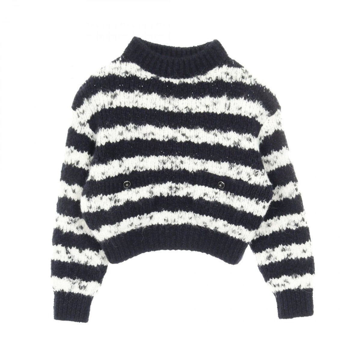 Chanel Knit Top CC Logo Button Cashmere Wool Navy White