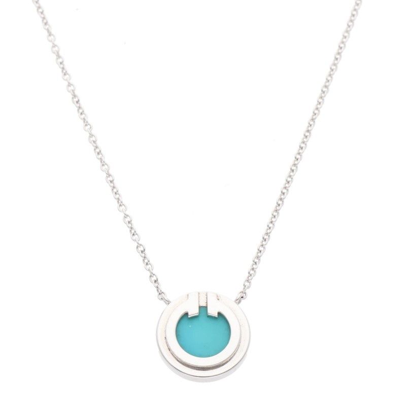 Tiffany & Co T TWO Circle 18K White Gold Turquoise Necklace Women 18inch