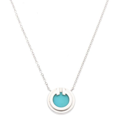 Tiffany & Co T TWO Circle 18K White Gold Turquoise Necklace Women 18inch