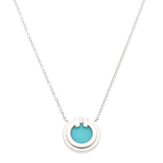 Tiffany & Co T TWO Circle 18K White Gold Turquoise Necklace Women 18inch
