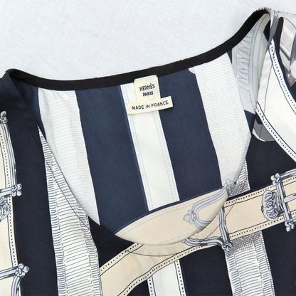 Hermes Sleeveless Tunic Silk Belt Pattern 42 Navy-white Black Tops