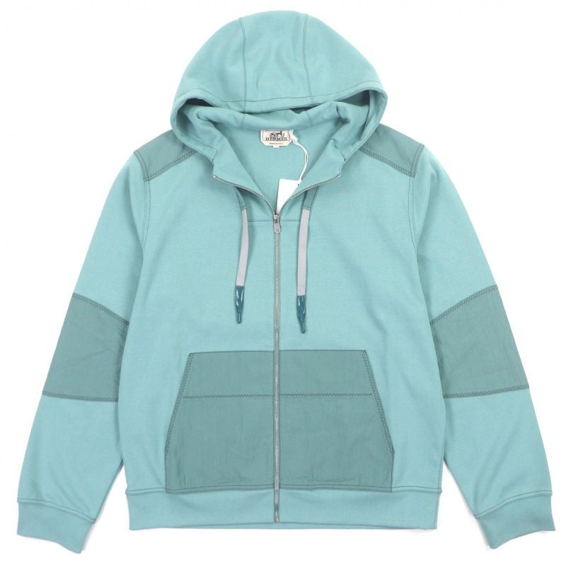 Hermes 22 SS Voile H 100% Cotton Switching Design Logo Zip Up Hoodie Green