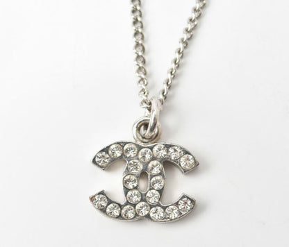 Chanel Necklace Pendant Chanel Coco Mark CC Rhinestone Silver White