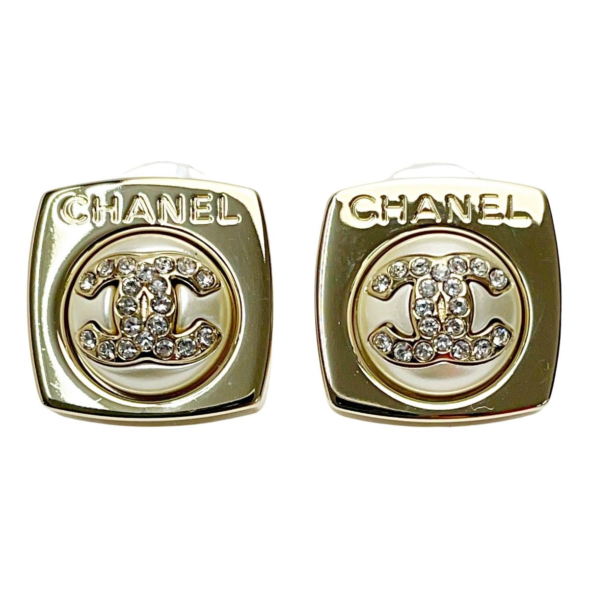 Chanel Cocomark Aba746 Champagne Gold Earrings Square Rhinestone Fake Pearl