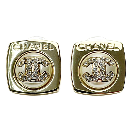 Chanel Cocomark Aba746 Champagne Gold Earrings Square Rhinestone Fake Pearl
