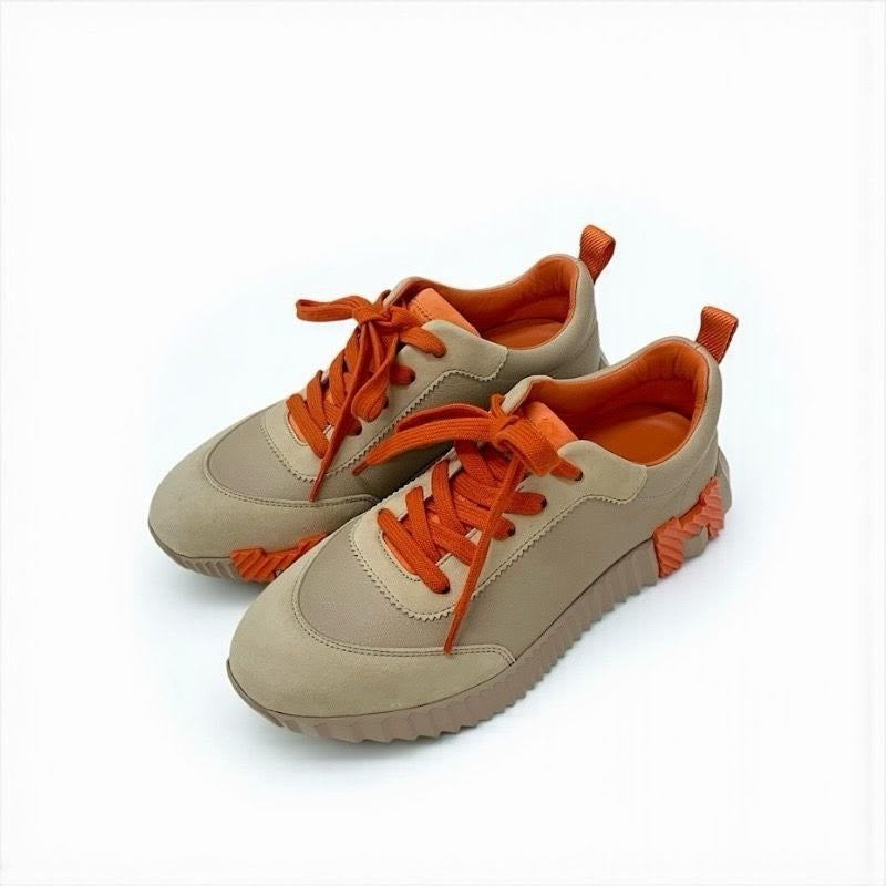 Hermes Bouncing Sneakers Shoes Leather Suede Beige Orange
