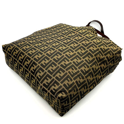 Fendi 71 15978 Tote Shopping Bag Zucca Nylon Canvas Vintage Leather Brown Khaki