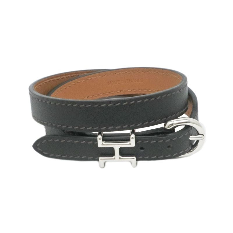 Hermes Leather Bracelet Trench Black Silver Hardware Size T5
