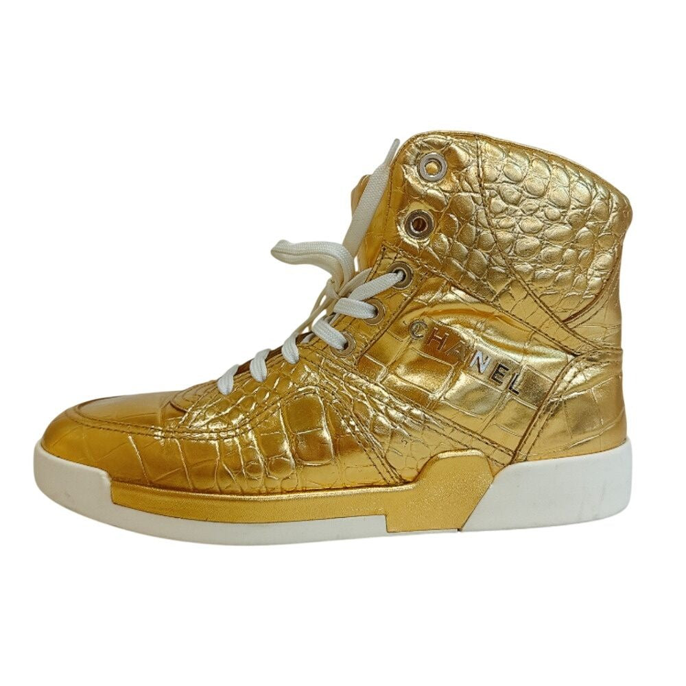 Chanel High Cut Sneakers Croco Embossed Leather Gold
