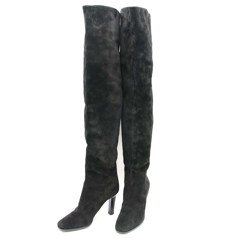 Saint Laurent Paris Knee High Suede Leather Heel Boots Black 37