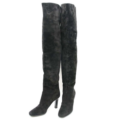 Saint Laurent Paris Knee High Suede Leather Heel Boots Black 37