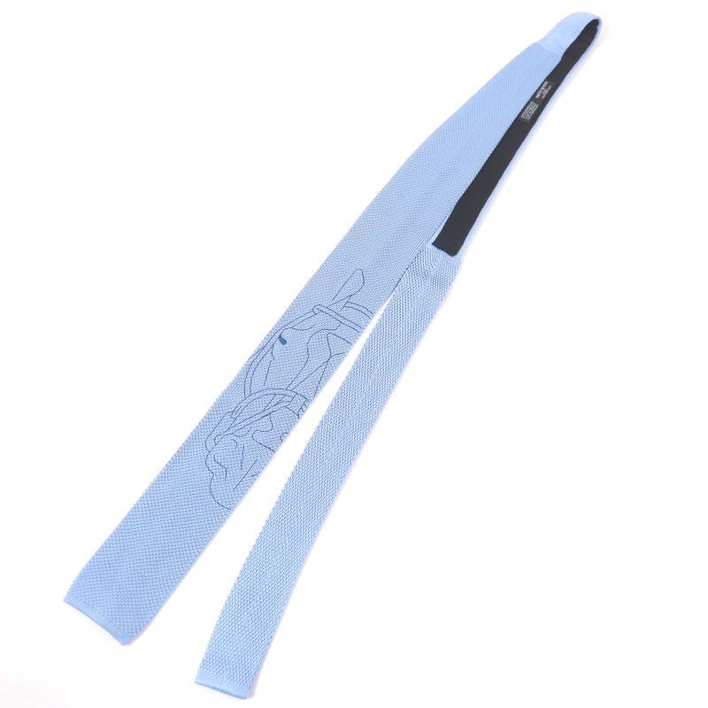 Hermes Tête À Tête Écestre Silk Horse Print Hose H Logo Knit Tie Light Blue