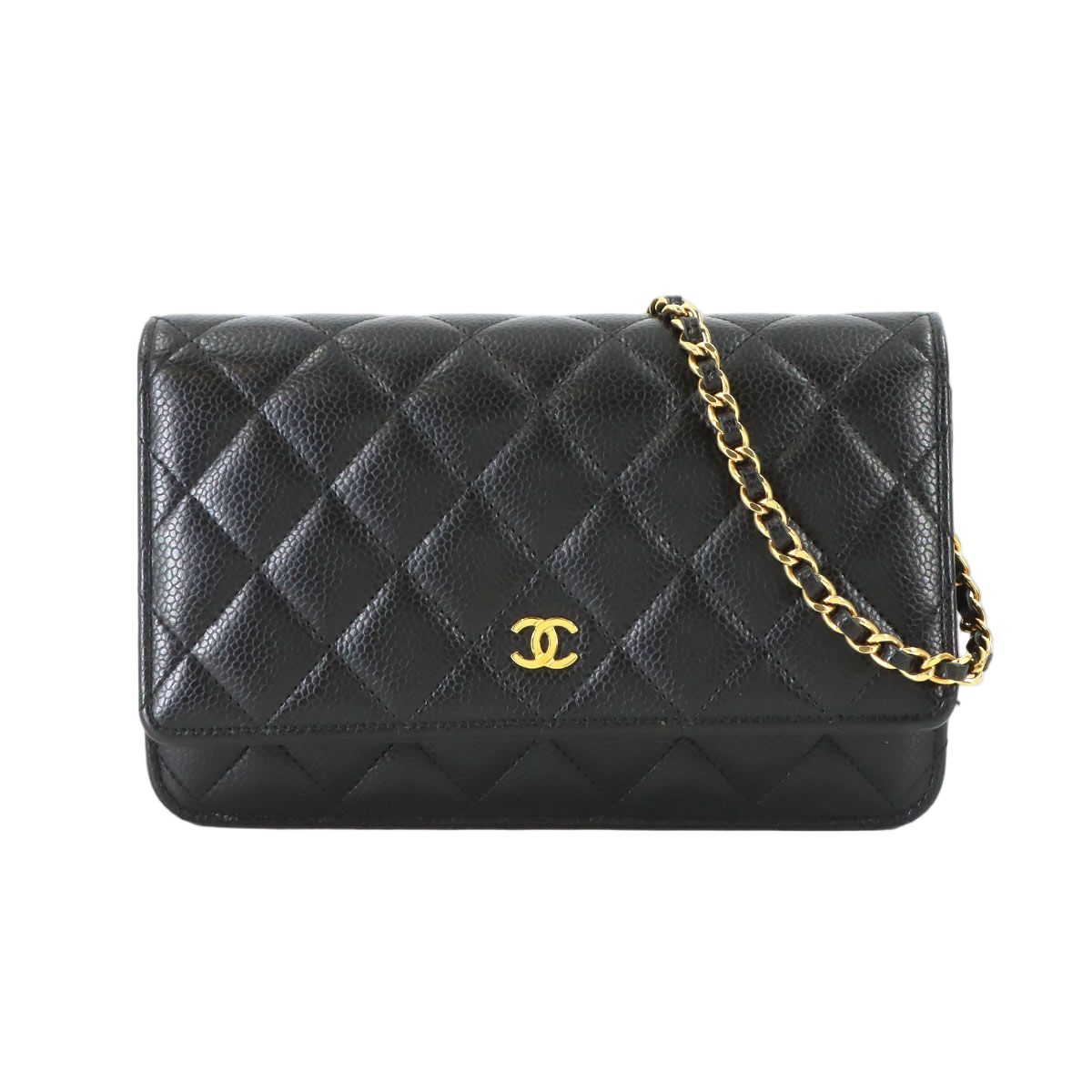 Chanel Quilted Classic Chain Wallet Caviar Leather Black Gold