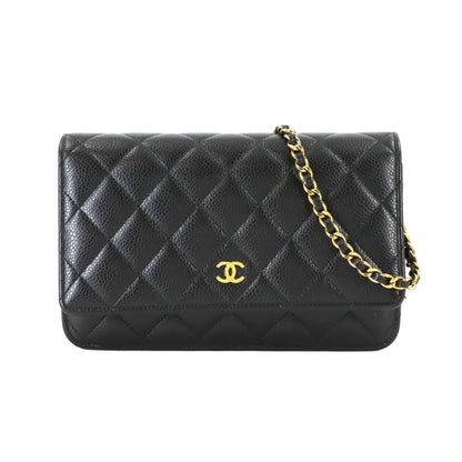 Chanel Quilted Classic Chain Wallet Caviar Leather Black Gold