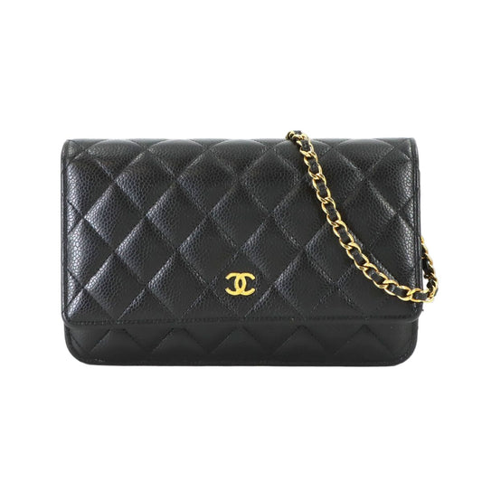 Chanel Quilted Classic Chain Wallet Caviar Leather Black Gold