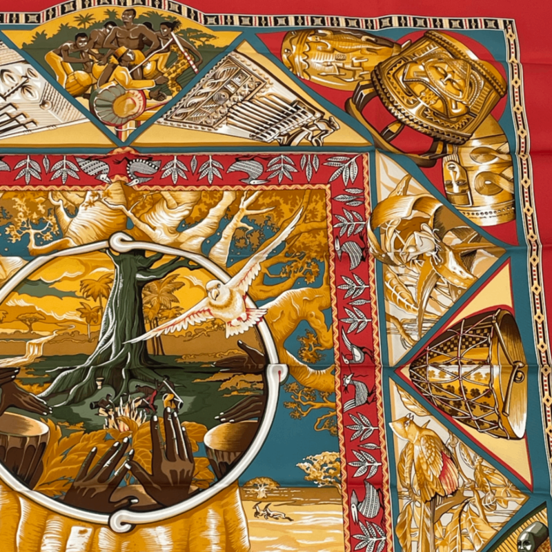 Hermes Scarf Carre 90 Au Son Du Tam To The Sound Of Tam Silk Red