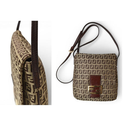 Fendi Shoulder Bag Zucchino Vintage Zucca Pattern Beige Brown — view 3