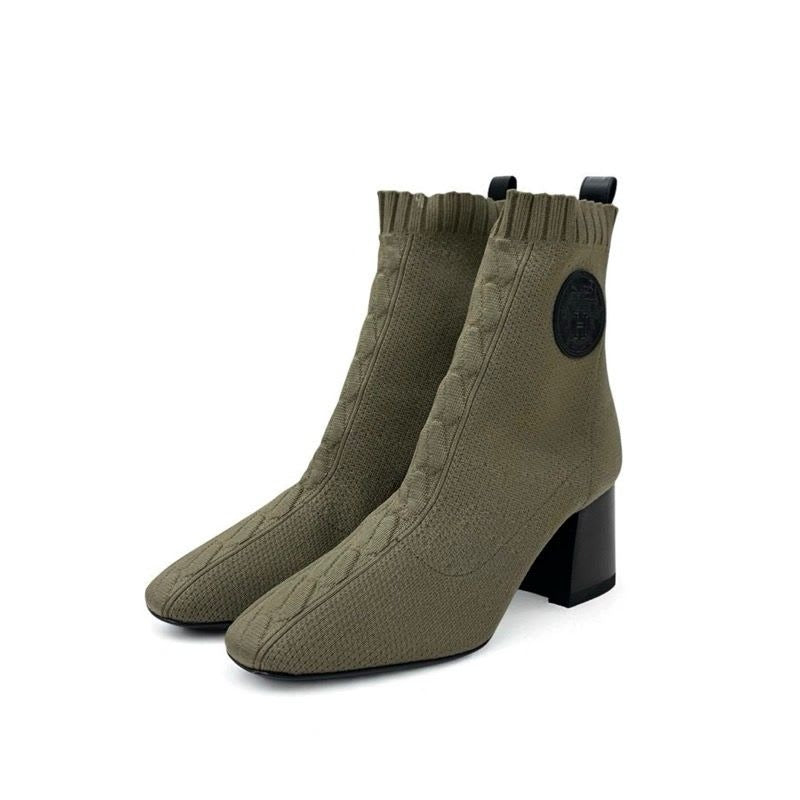 Hermes Volver Boots Short Shoes Fabric Leather Khaki Knit Exlibris