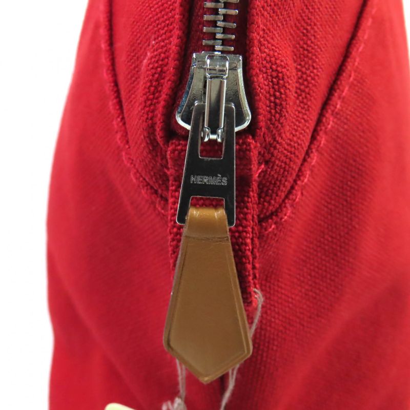 Hermes Bolide Pouch MM 100% Cotton Rouge H Logo Embroidery Leather ZIP Pouch