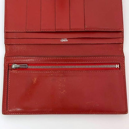 Hermes Bifold Long Wallet Bearn Ec21287 Red Wallet Leather