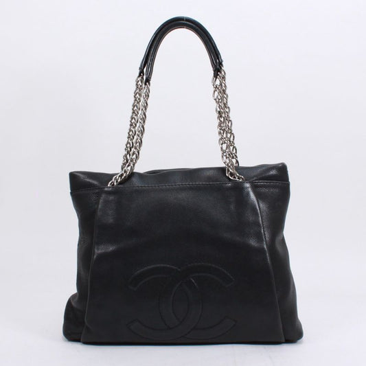 Chanel Chain Tote Bag Caviar Skin Black Handbag Silver