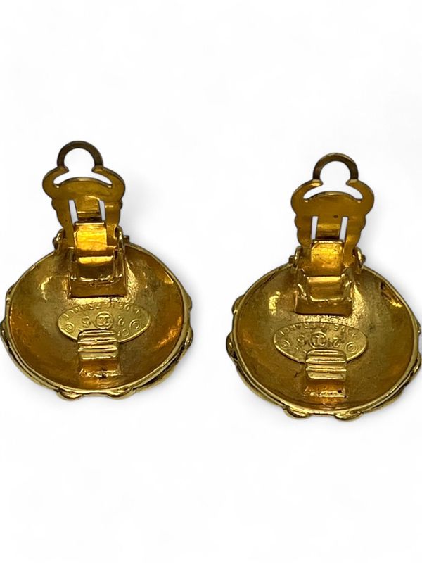 Chanel 25 Engraved 1990's Triple Coco Mark Earrings Ladies Gold